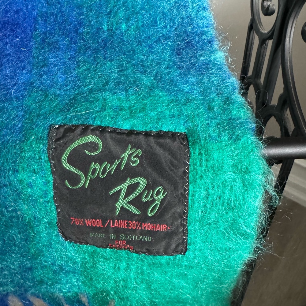Made in Scotland Mohair and Wool Green and Blue Plaid Blanket - Picture 4 of 6